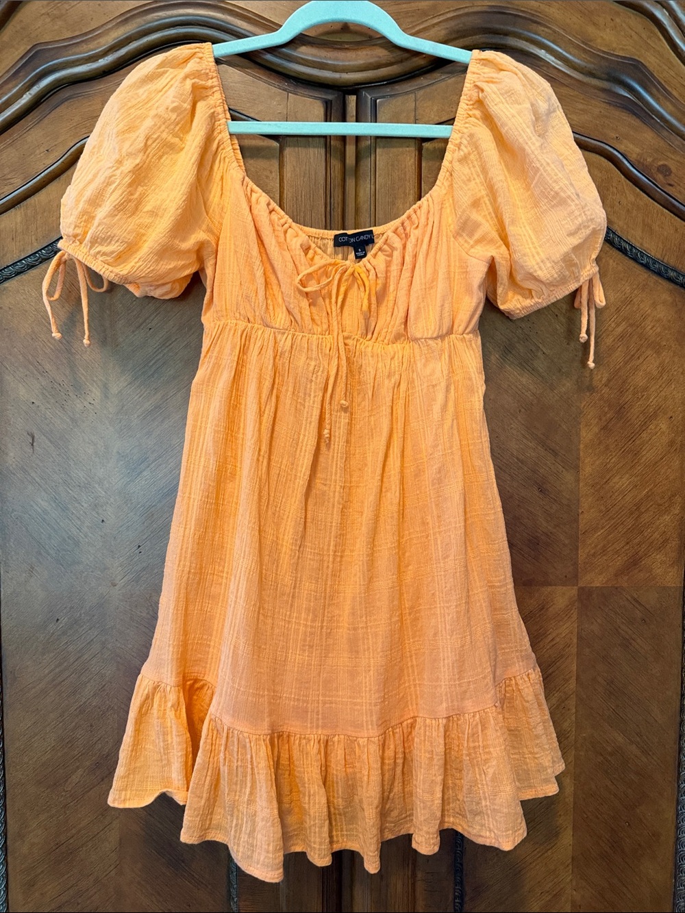 Neon Orange Puff-Sleeve Mini Dress with Tie Neck